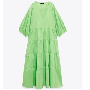 BNWT ZARA TIERED POPLIN DRESS - LIME GREEN